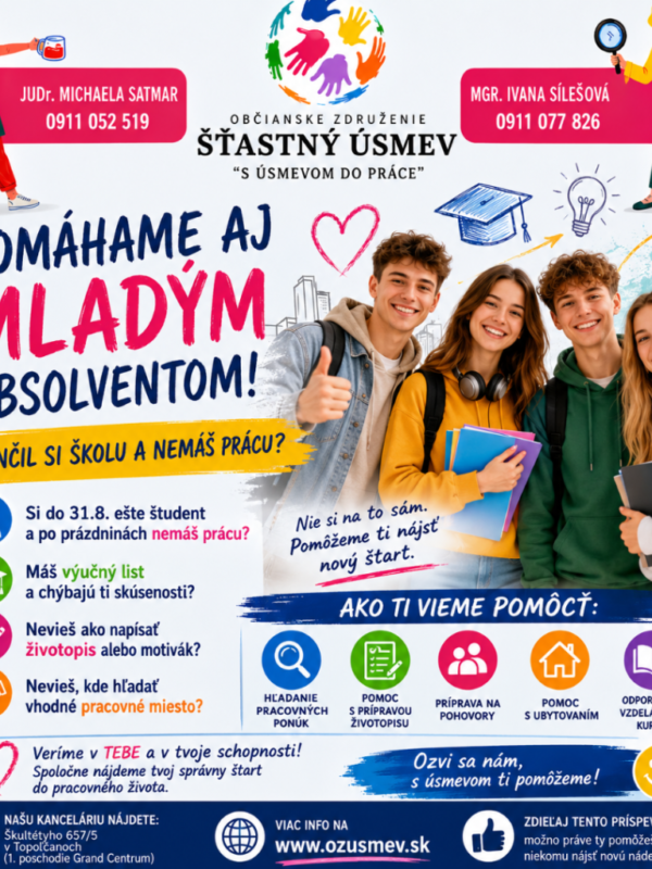 Sme občianske združenie Úsmev. Poskytujeme odborné poradenstvo a ľudský prístup pre tých, ktorí hľadajú svoje miesto na trhu práce. Sme občianske združenie Úsmev. Poskytujeme odborné poradenstvo a ľudský prístup pre tých, ktorí hľadajú svoje miesto na trhu práce.